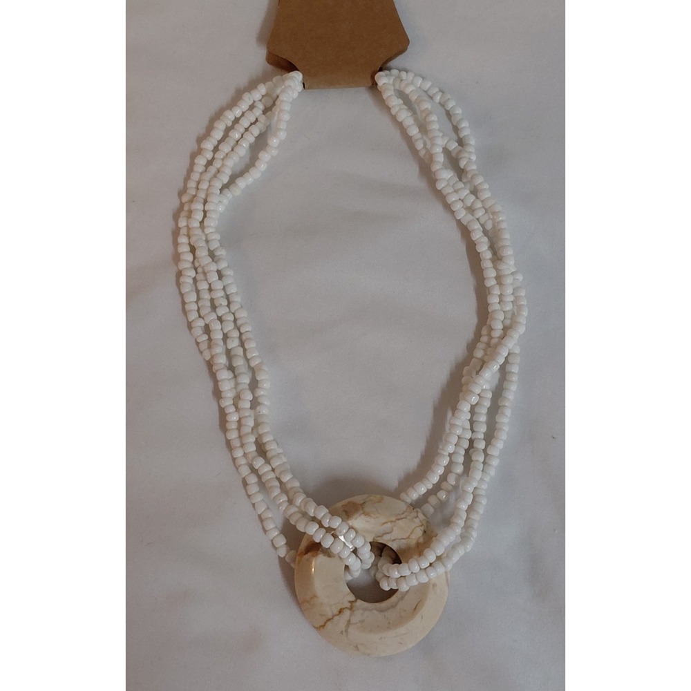 White Multi Strand Beaded Necklace Large Marbled Donut Pendant Statement Jewelry
